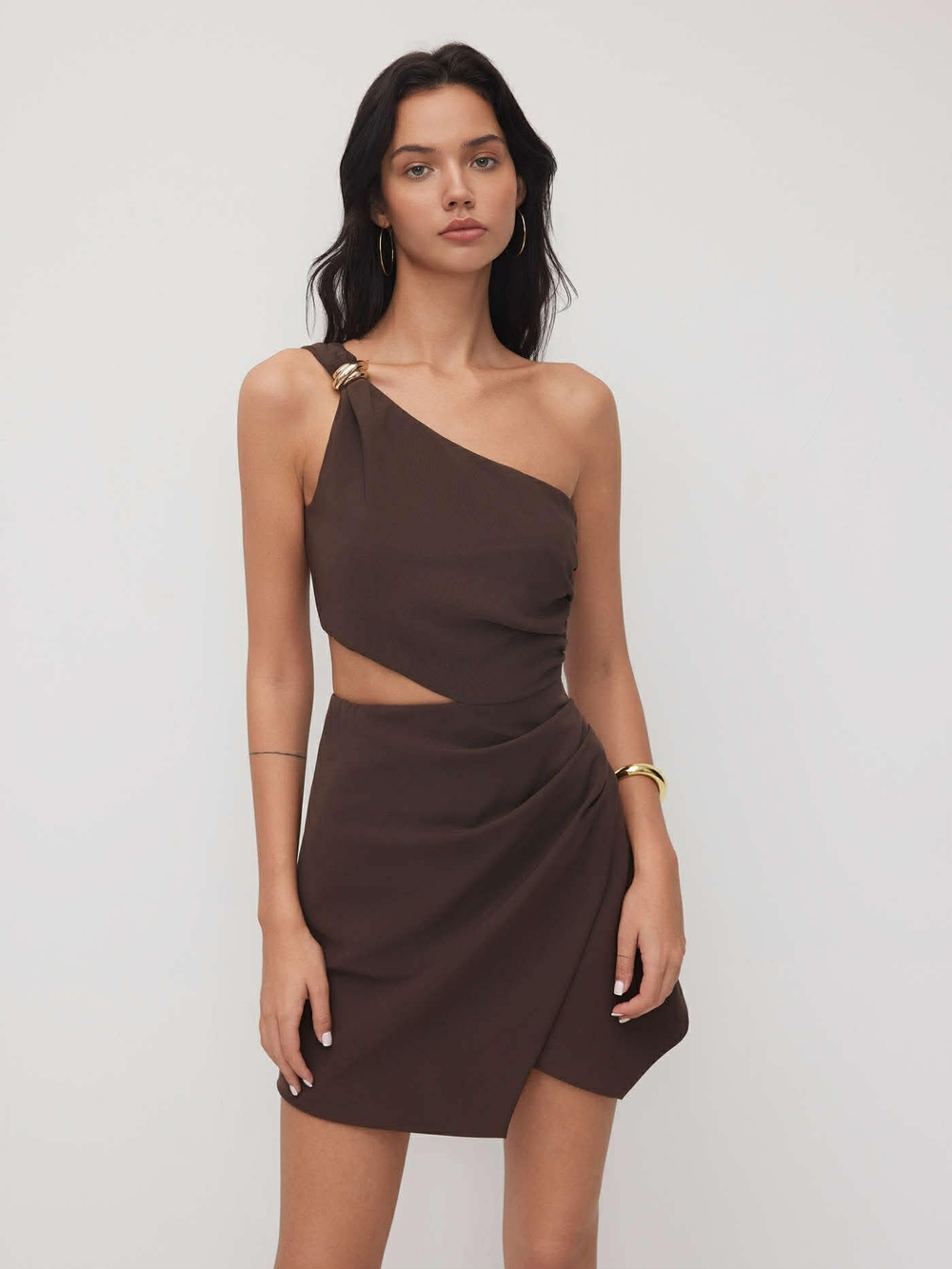 One-Shoulder Cutout Mini Dress in Dark Brown New Size L